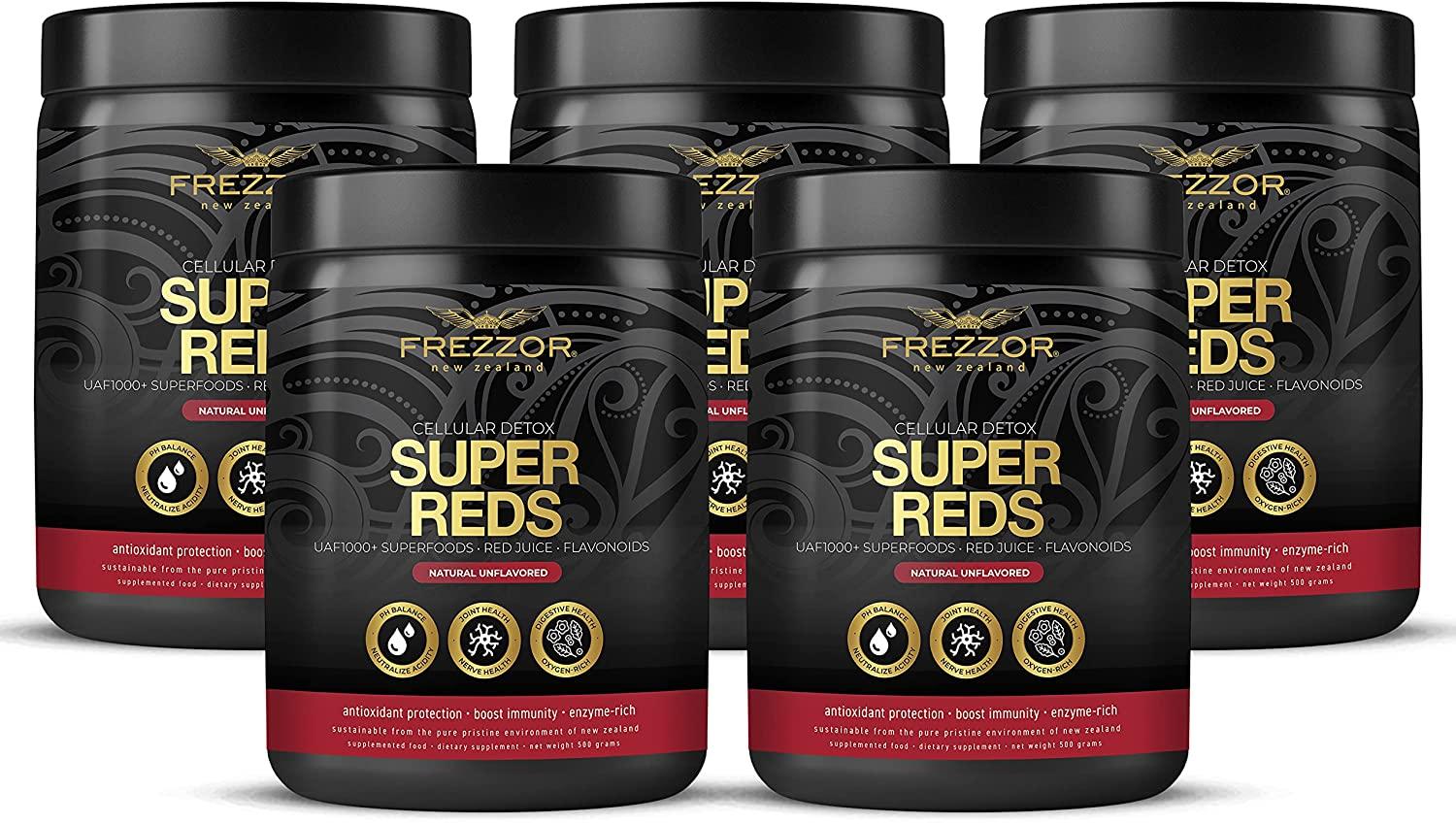 FREZZOR Super Reds Powder with UAF1000+, All-Natural New Zealand Red Superfood with Essential Red Fruits, Veggies Berries & Beets, Antioxidants, Enzymes, Energy Drink, 1500 Grams, 150 Serves, 5 Jars