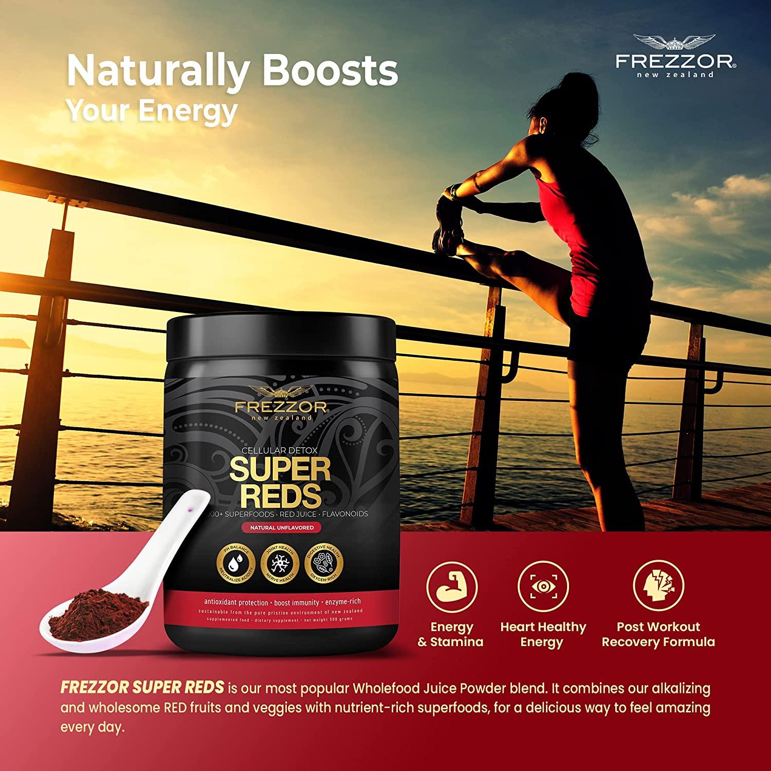 FREZZOR Super Reds Powder with UAF1000+, All-Natural New Zealand Red Superfood with Essential Red Fruits, Veggies Berries & Beets, Antioxidants, Enzymes, Energy Drink, 1500 Grams, 150 Serves, 5 Jars
