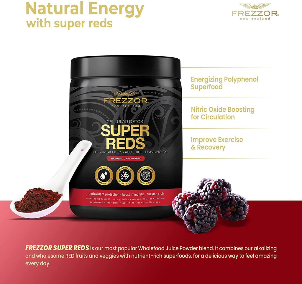 FREZZOR Super Reds Powder with UAF1000+, All-Natural New Zealand Red Superfood with Essential Red Fruits, Veggies Berries & Beets, Antioxidants, Enzymes, Energy Drink, 1500 Grams, 150 Serves, 5 Jars