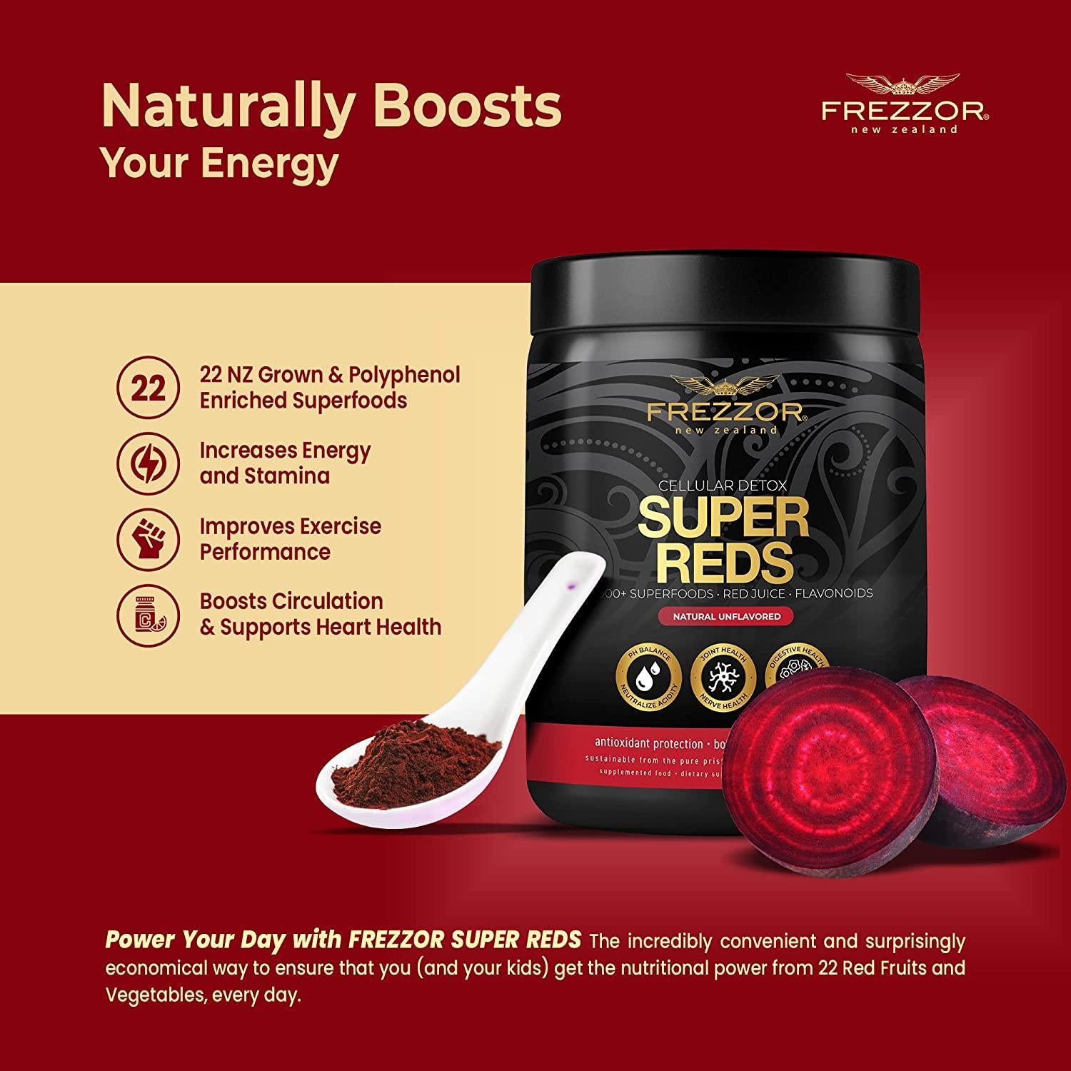FREZZOR Super Reds Powder with UAF1000+, All-Natural New Zealand Red Superfood with Essential Red Fruits, Veggies Berries & Beets, Antioxidants, Enzymes, Energy Drink, 1500 Grams, 150 Serves, 5 Jars