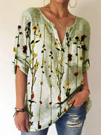 Ladies V-neck Floral Print Fashion Short-sleeved Blouse