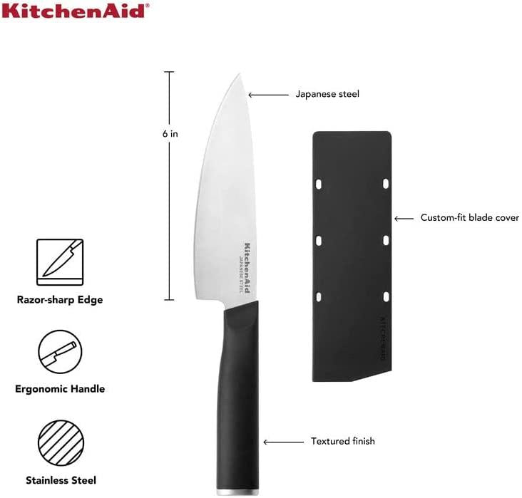 KitchenAid Classic Chef Knife with Custom-Fit Blade Cover, 6-inch, Sharp Kitchen Knife, High-Carbon Japanese Stainless Steel Blade, Black