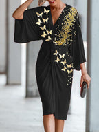 Fashion Butterfly Print Twisted V-neck Midi Dress Women
