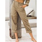 Pure color cotton and linen fashion loose high waist trouser
