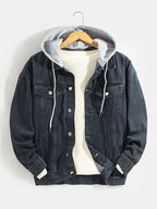 mens cotton button front outdoor stylish detachable hooded denim jacket with pocket