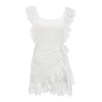 backless bow tie embroidery ruffles dress