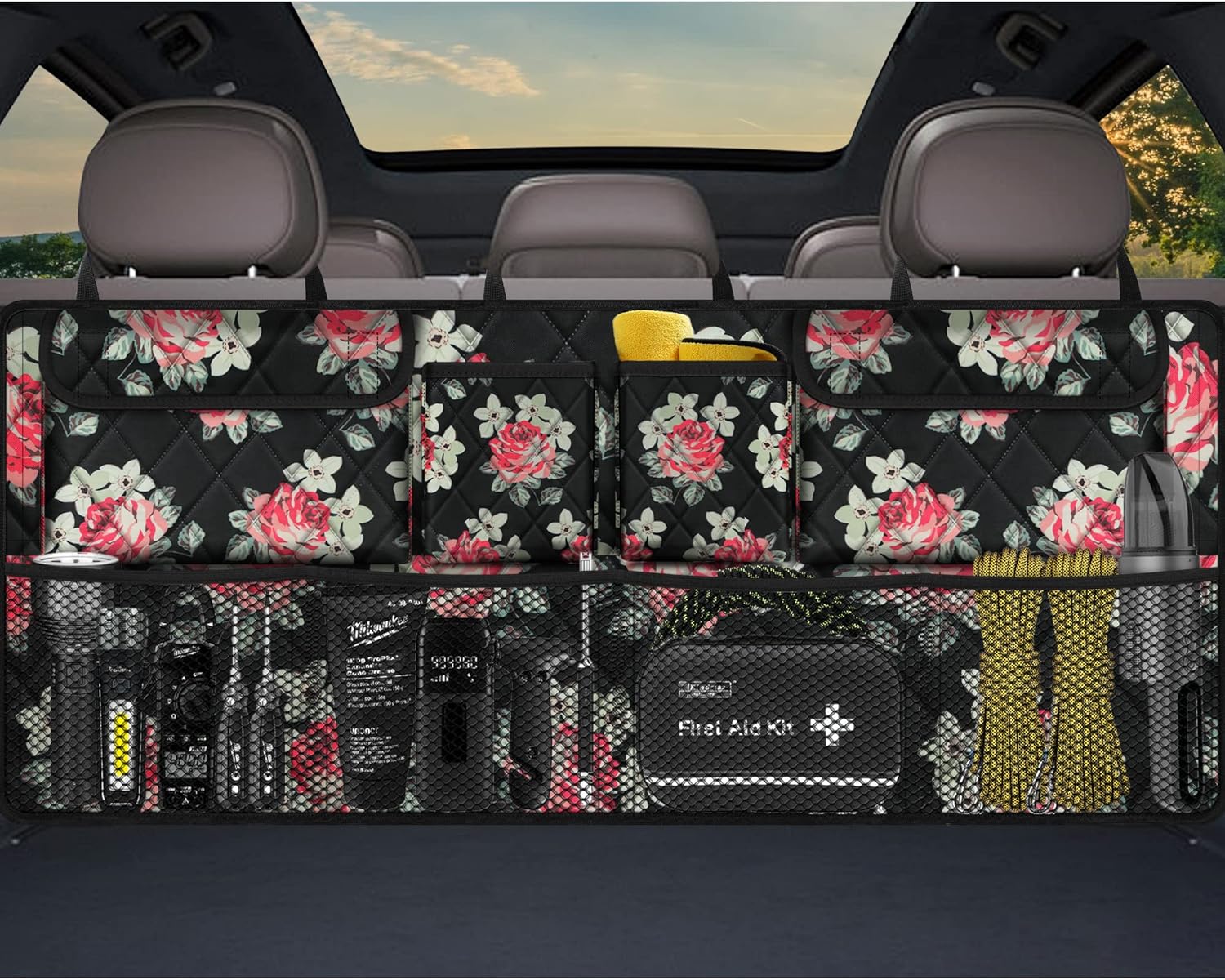Car Trunk Organizer,Large Capacity Backseat Trunk Organizer(42"*18"),Collapsible Car Storage Bag with 8 Pocekt,Car Organizer for SUV/MPV/Truck - Floral