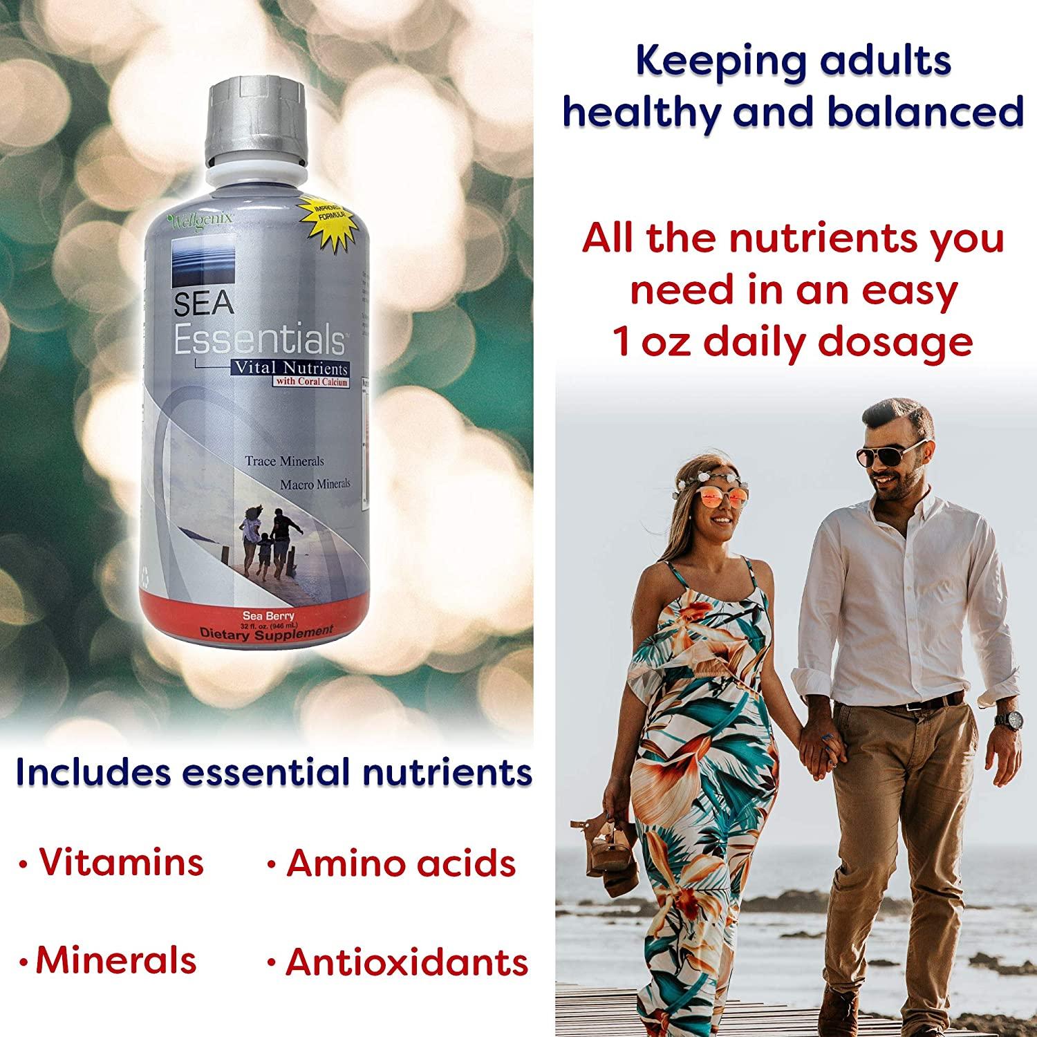 Wellgenix Sea Essentials Coral Calcium Liquid Vitamin for High Absorption - Nutritional Multivitamin Supplement - Sea Berry Flavor (32 oz) (5 Pack)
