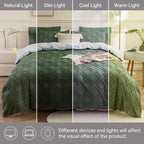JELLYMONI Reversible Green &amp; White Duvet Cover King Size - 3PCS Microfiber Tufted Duvet Cover, Boho Textured Duvet Cover Jacquard Geometric Pattern Duvet Cover with Corner Ties &amp; Zipper Closure