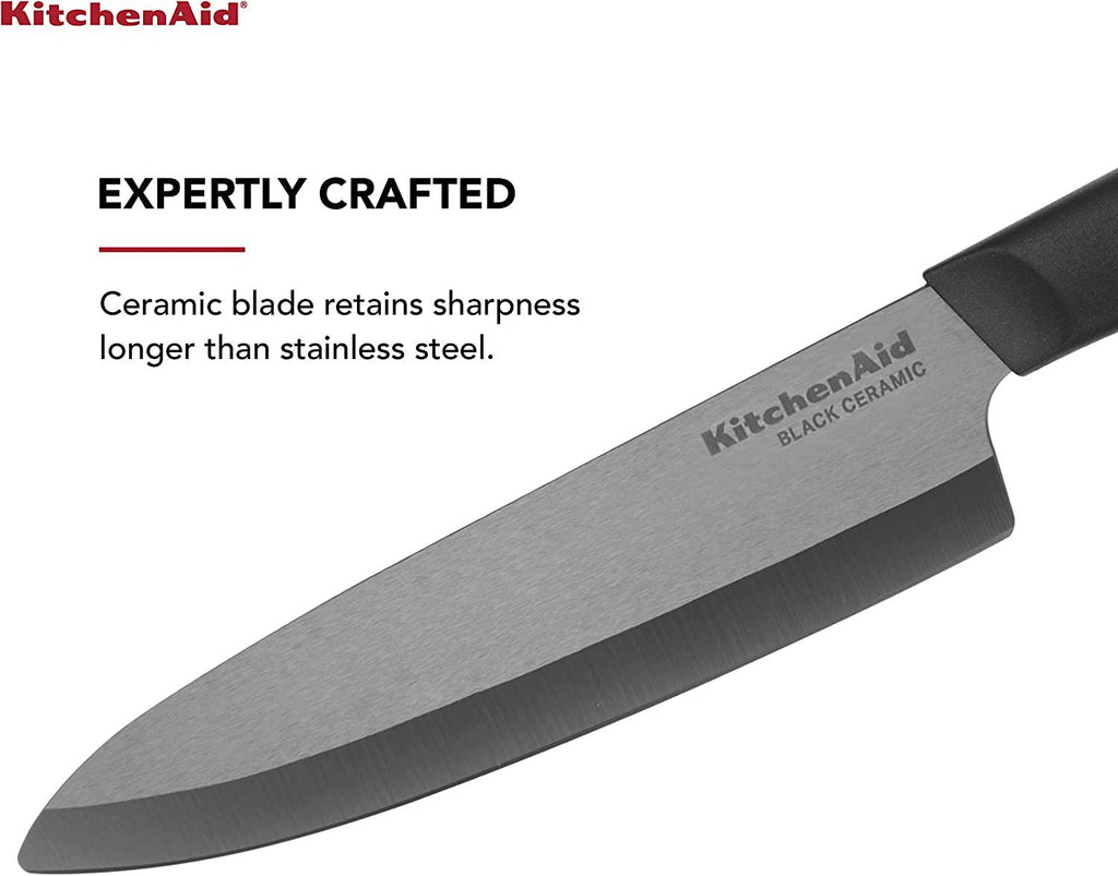 KitchenAid Classic Ceramic Chef Knife with Custom-Fit Blade Cover, Sharp Kitchen Knife, Dishwasher-Safe, 6-Inch, Black