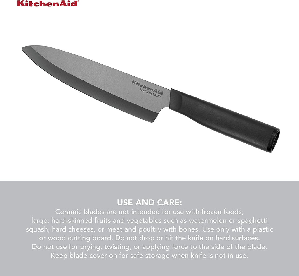 KitchenAid Classic Ceramic Chef Knife with Custom-Fit Blade Cover, Sharp Kitchen Knife, Dishwasher-Safe, 6-Inch, Black