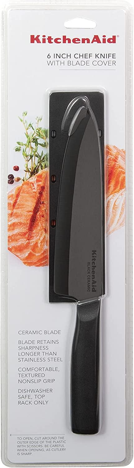 KitchenAid Classic Ceramic Chef Knife with Custom-Fit Blade Cover, Sharp Kitchen Knife, Dishwasher-Safe, 6-Inch, Black