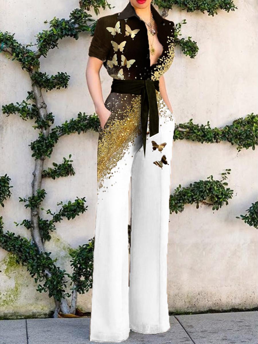 Fashion Butterfly Print Colorblock Jumpsuit Womens
