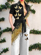 Fashion Butterfly Print Colorblock Jumpsuit Womens