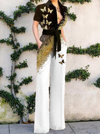 Fashion Butterfly Print Colorblock Jumpsuit Womens