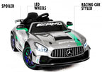 12V Mercedes GT4 Sport Ride on power electric car For Kids with Remote Control LED lights Opening doors MP3 - Silver