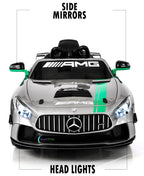 12V Mercedes GT4 Sport Ride on power electric car For Kids with Remote Control LED lights Opening doors MP3 - Silver