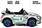 12V Mercedes GT4 Sport Ride on power electric car For Kids with Remote Control LED lights Opening doors MP3 - Silver