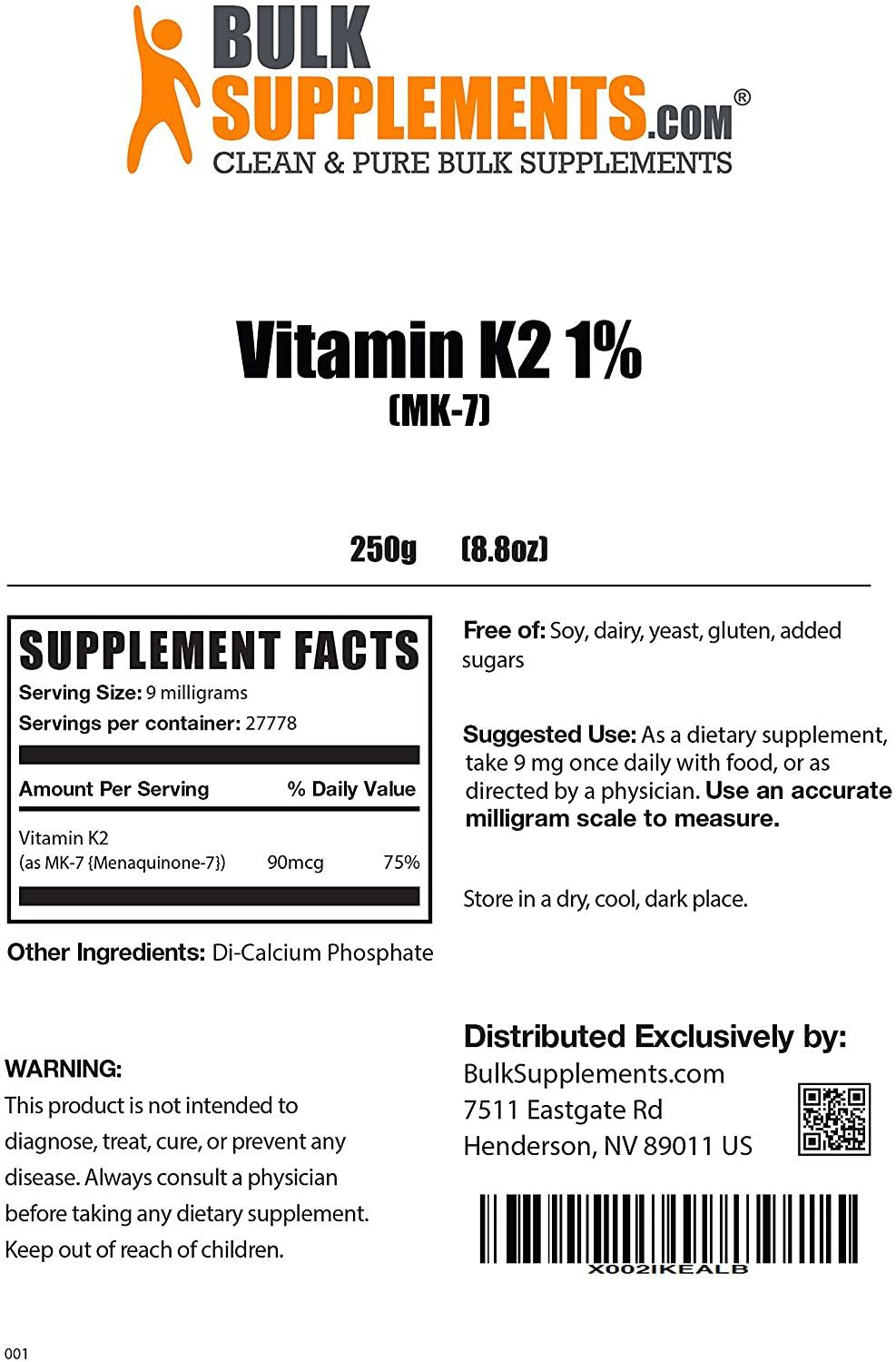 BulkSupplements.com Vitamin K2 MK7 Powder (250 Grams - 8.8 oz)