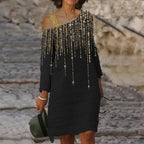 Fashion Color Block Sequin Print One Shoulder Midi Dress Women