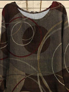 Line Art Print Round Neck Long Sleeve Blouse