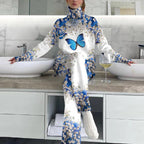 Women's Elegant Blue Butterfly Floral Print Suit