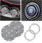 2pcs Bling Car Cup Holder Coasters &amp; 2pcs Push Start Button, 2.75 inch Anti-Slip Shockproof Universal Vehicle Coasters Insert, Bling Car Interior Accessories for Women Suits for Most Cars (White)