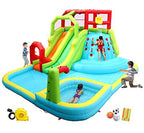 WELLFUNTIME Inflatable Water Slide Park with Splash Pool Climb Wall, 3 Inflatable Sport Balls and 4 Water Guns, Water Slide with Air Blower