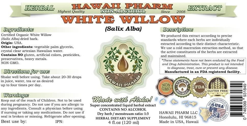 White Willow Alcohol-Free Liquid Extract, Organic White Willow (Salix Alba) Dried Bark Glycerite Natural Herbal Supplement, Hawaii Pharm, USA 64 fl.oz