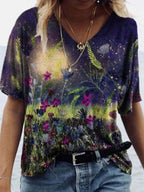 V-neck Floral Print Fashion Short-sleeved T-shirt