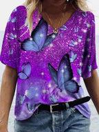 V-neck Floral Print Fashion Short-sleeved T-shirt
