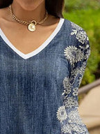 Long-sleeved Floral Print V-neck Casual Fashion T-shirt