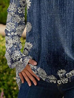 Long-sleeved Floral Print V-neck Casual Fashion T-shirt
