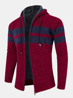 mens wide striped knit zip up plush lined thick hooded cardigans