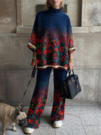 Ladies' Elegant Red Rose Oil Painting Contrast Printing Suit