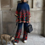 Ladies' Elegant Red Rose Oil Painting Contrast Printing Suit