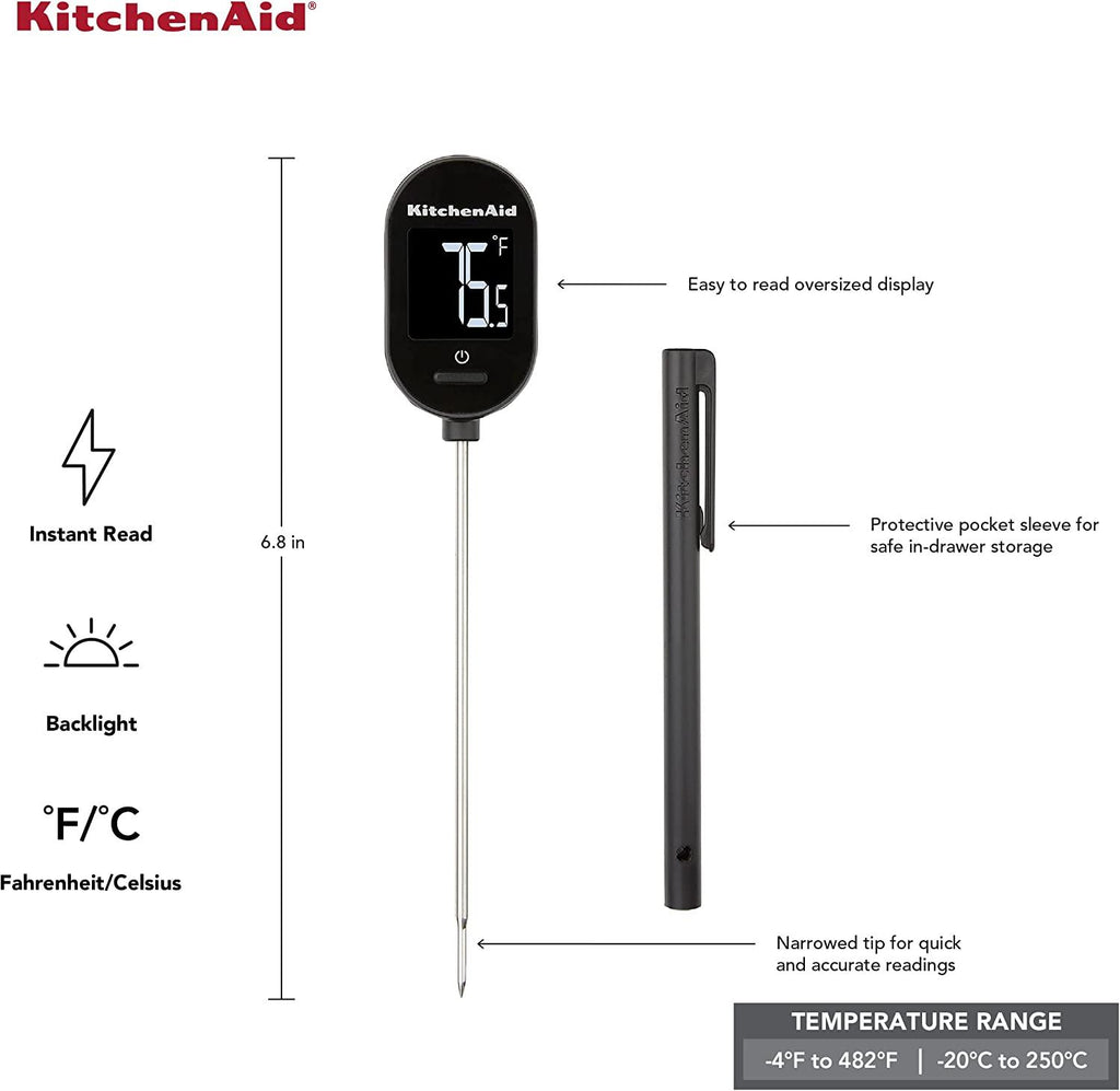 KitchenAid KQ910 Backlit Instant Read Digital Food Kitchen Grill Thermometer, Black