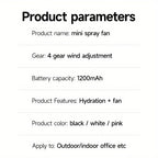 Portable Rechargeable Handheld Misting Fan - Battery Operated Mini Face Steamer for Travel &amp; Outdoors