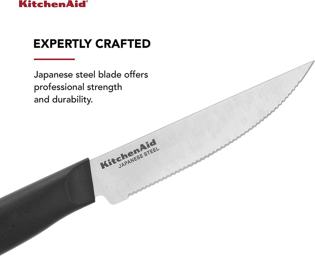 KitchenAid Classic 4 Piece Steak Knife Set, 4.5-Inch, High-Carbon Japanese Steel Blades, Sharp Kitchen Knife Set, Black