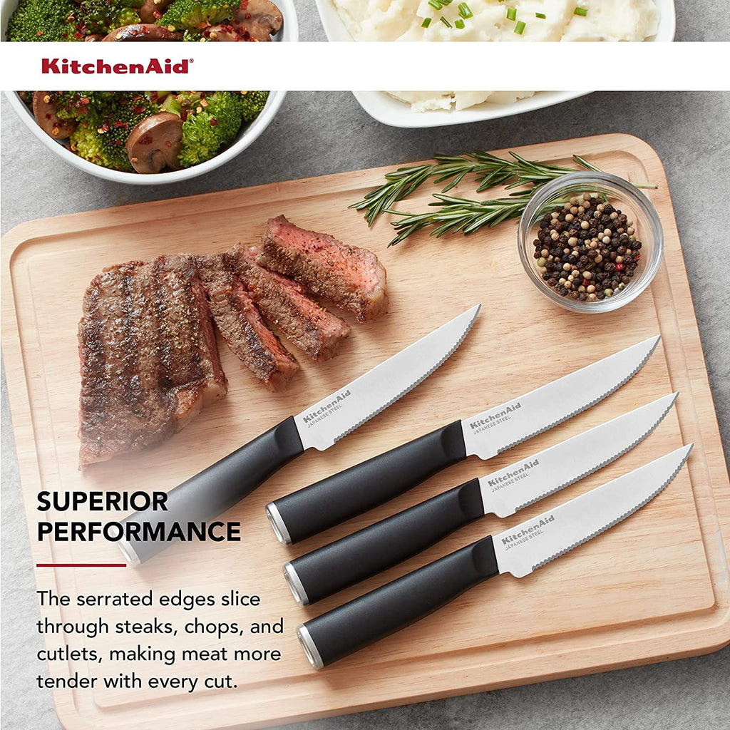 KitchenAid Classic 4 Piece Steak Knife Set, 4.5-Inch, High-Carbon Japanese Steel Blades, Sharp Kitchen Knife Set, Black