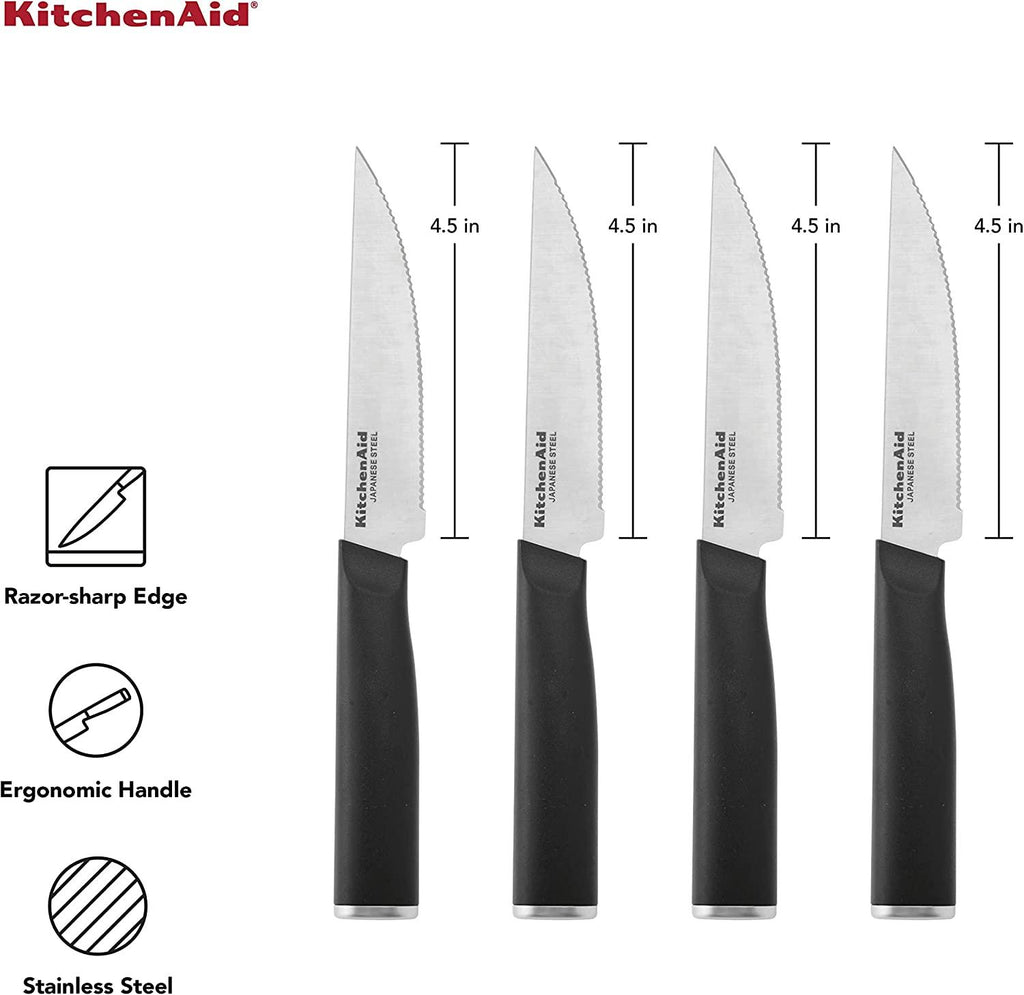 KitchenAid Classic 4 Piece Steak Knife Set, 4.5-Inch, High-Carbon Japanese Steel Blades, Sharp Kitchen Knife Set, Black