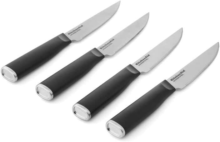 KitchenAid Classic 4 Piece Steak Knife Set, 4.5-Inch, High-Carbon Japanese Steel Blades, Sharp Kitchen Knife Set, Black
