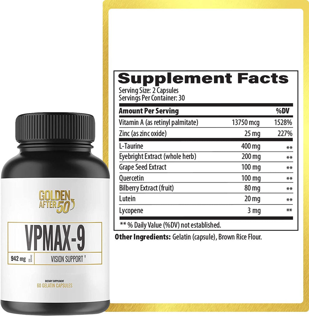 Golden After 50 VpMax-9 - Vision Support Supplement - 6 Bottles - Eye Health Support and Antioxidant Supplement with Eye Vitamins, Lutein, Lycopene and Bilberry Extract