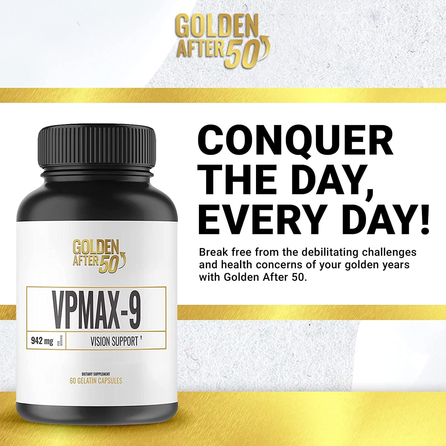 Golden After 50 VpMax-9 - Vision Support Supplement - 6 Bottles - Eye Health Support and Antioxidant Supplement with Eye Vitamins, Lutein, Lycopene and Bilberry Extract