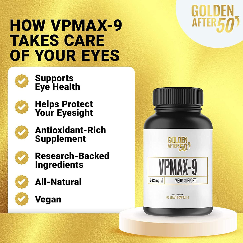 Golden After 50 VpMax-9 - Vision Support Supplement - 6 Bottles - Eye Health Support and Antioxidant Supplement with Eye Vitamins, Lutein, Lycopene and Bilberry Extract