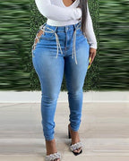 Lace-up Solid Color Skinny Jean Pants
