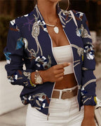 women's jackets zip embellished printed long sleeve jacket