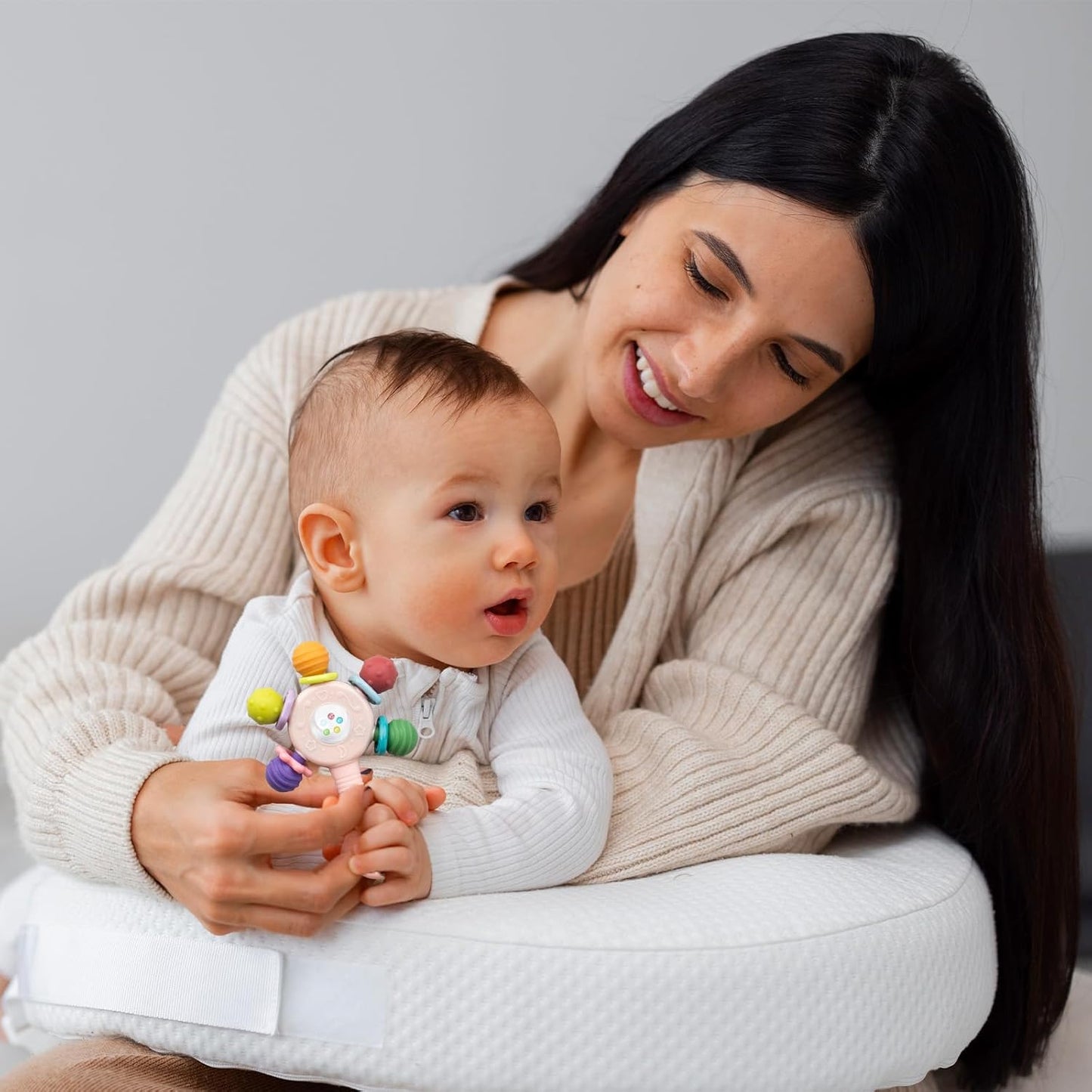 2PCS Baby Sensory Teething Toys-Rattle Stick,Food Grade BPA Free Chew Toy,Grip Strengthening Handle for Hearing Teeth Development,Infant Learning Toys for Aged 0-36 Months (Pink+Blue)