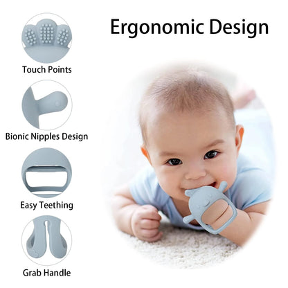 2 Pack Baby Teether Toy, BPA Free Silicone Mitten Glove Teether for Sucking Needs, Baby Teething Toys 0-3-6-12 Months, Hand Pacifier Chew Toys for Teething Pain Relief (Beige & Blue)