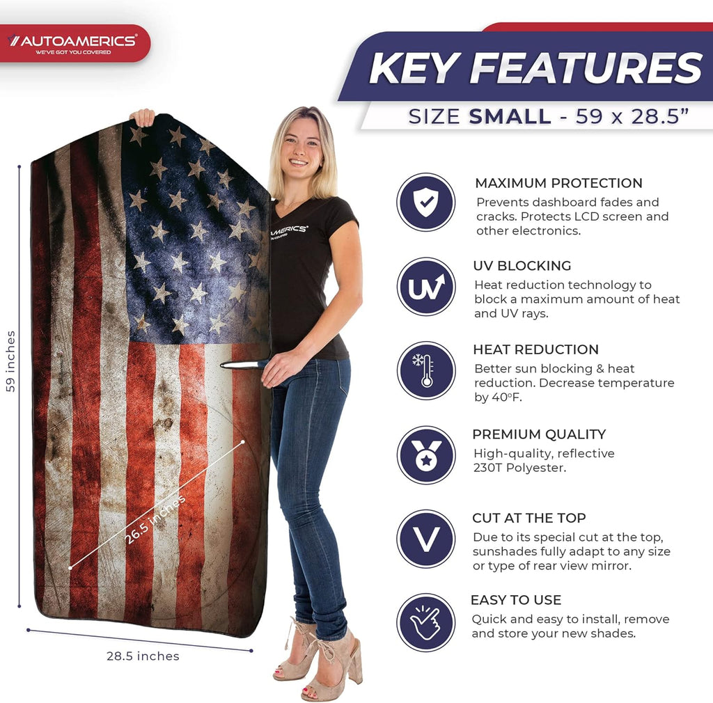Autoamerics 1-Piece Windshield Sun Shade Grunge American Flag - 2 USA  - Foldable Car Front Window Sunshade for Most Sedans SUV Truck - Blocks Max UV Rays and Keeps Your Vehicle Cool - Small